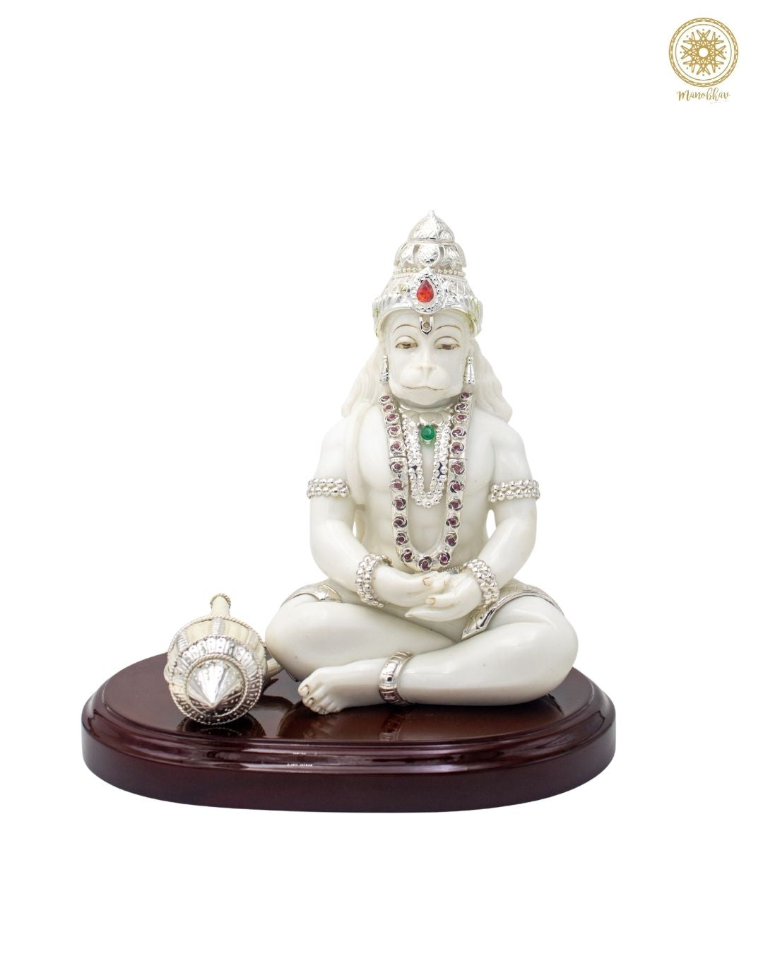 Handmade Marble-Dust Lord Hanuman Idol with Silver-Plated Ornaments