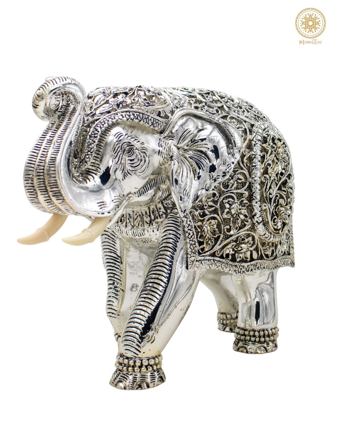 Handmade Silver Plated Elephant Showpiece with Hand-Carved Floral Design