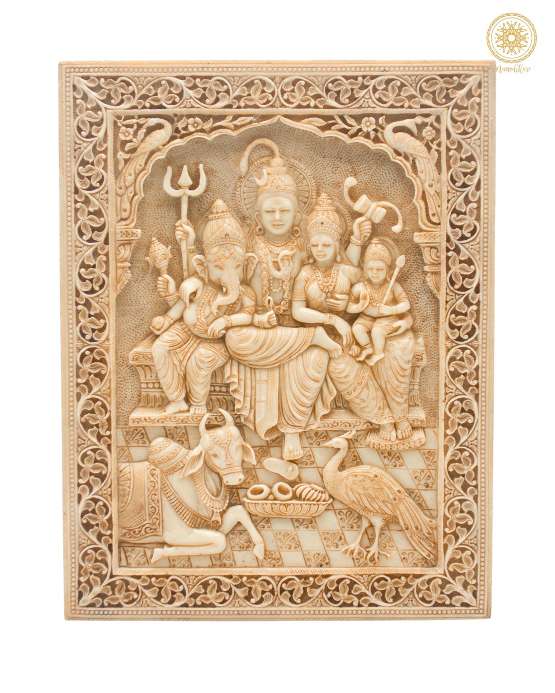 Hand-Craved Shiva, Parvati, Kartikeya, Ganesha, Wall Hanging | Hindu God Sculpture | Decorative Wall Panel