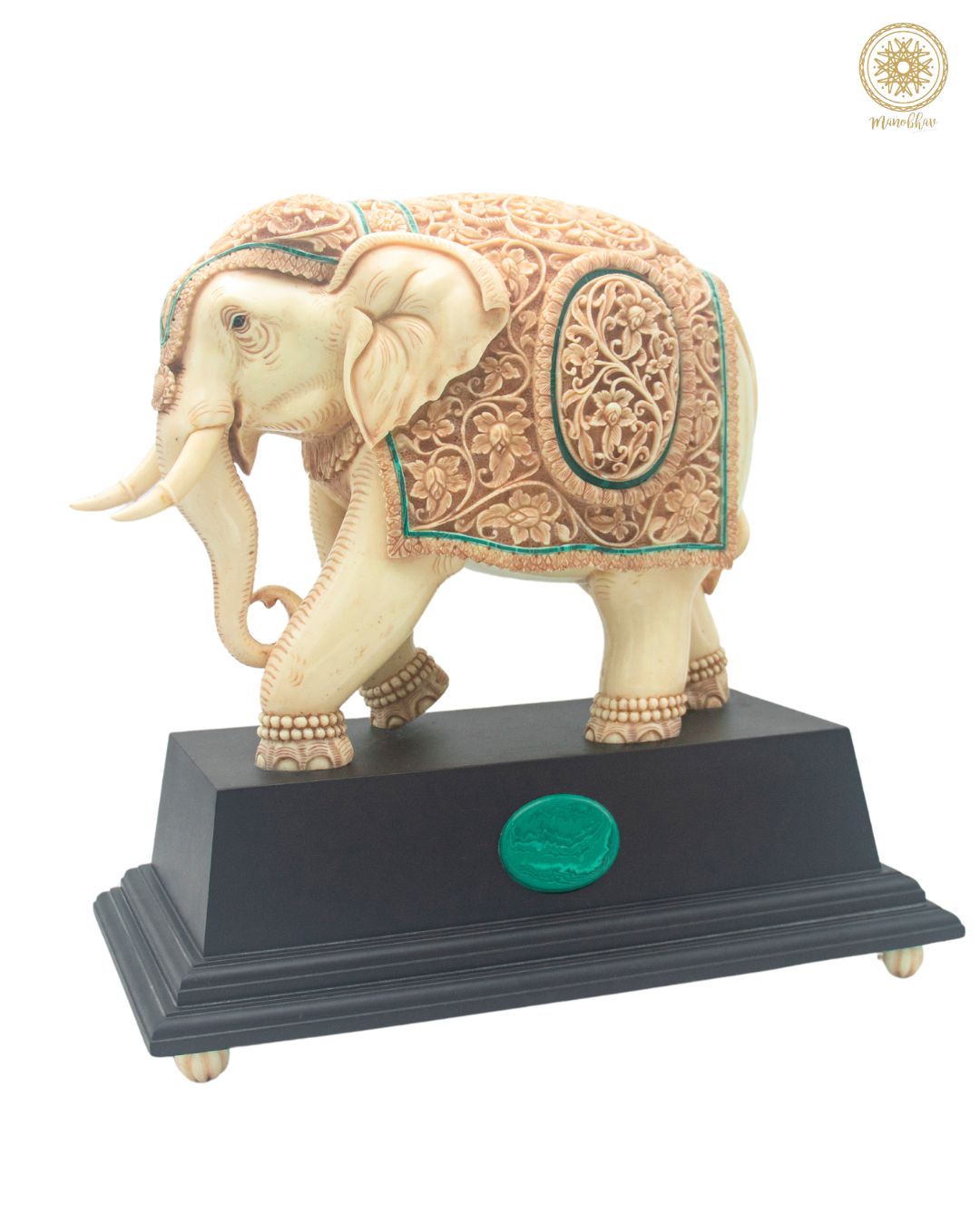 Hand-Carved Resin Elephant Statue with Malachite | Unique Tabletop Decorative Showpiece