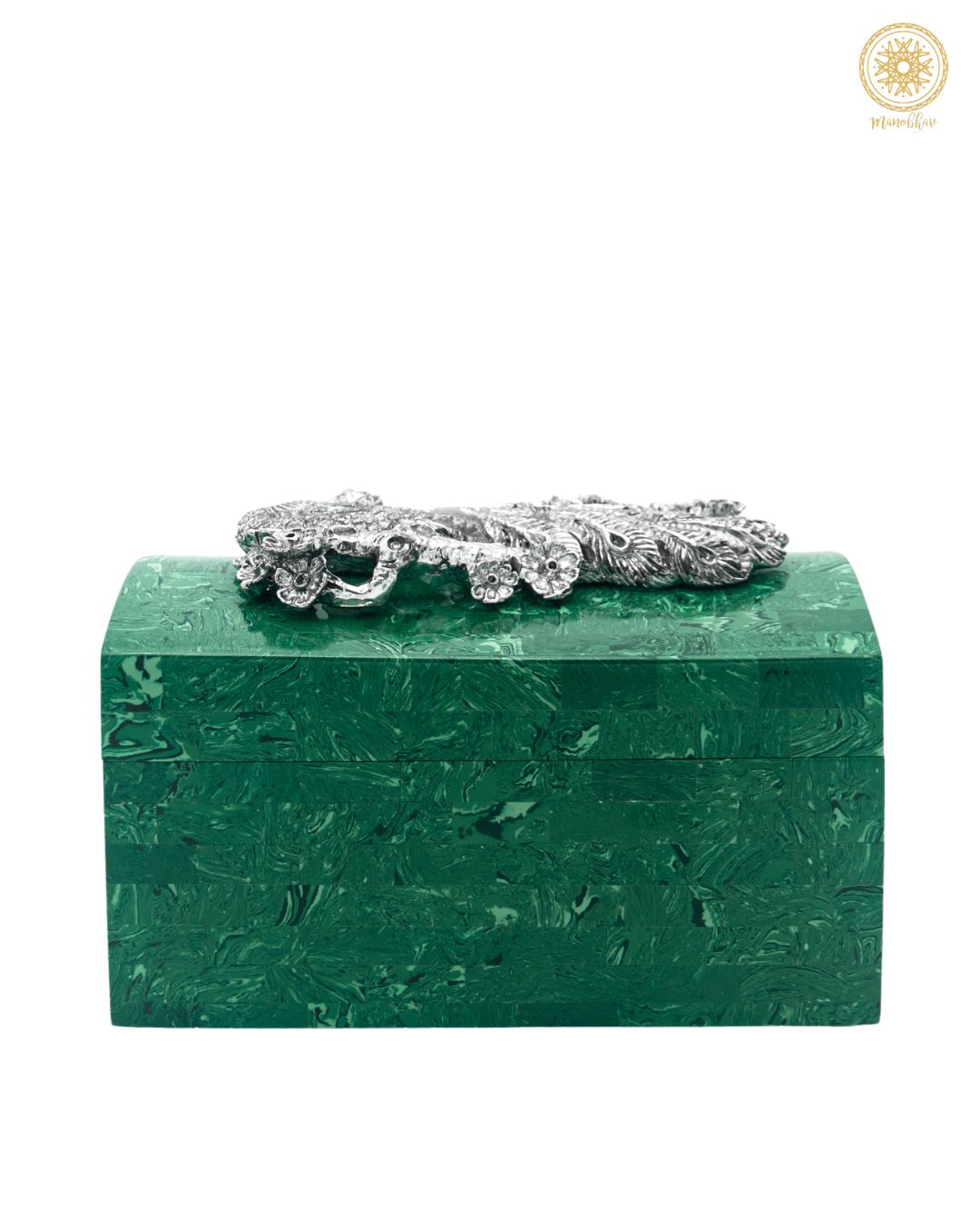 Malachite Jewelry Box Embellished with Silver Peacock