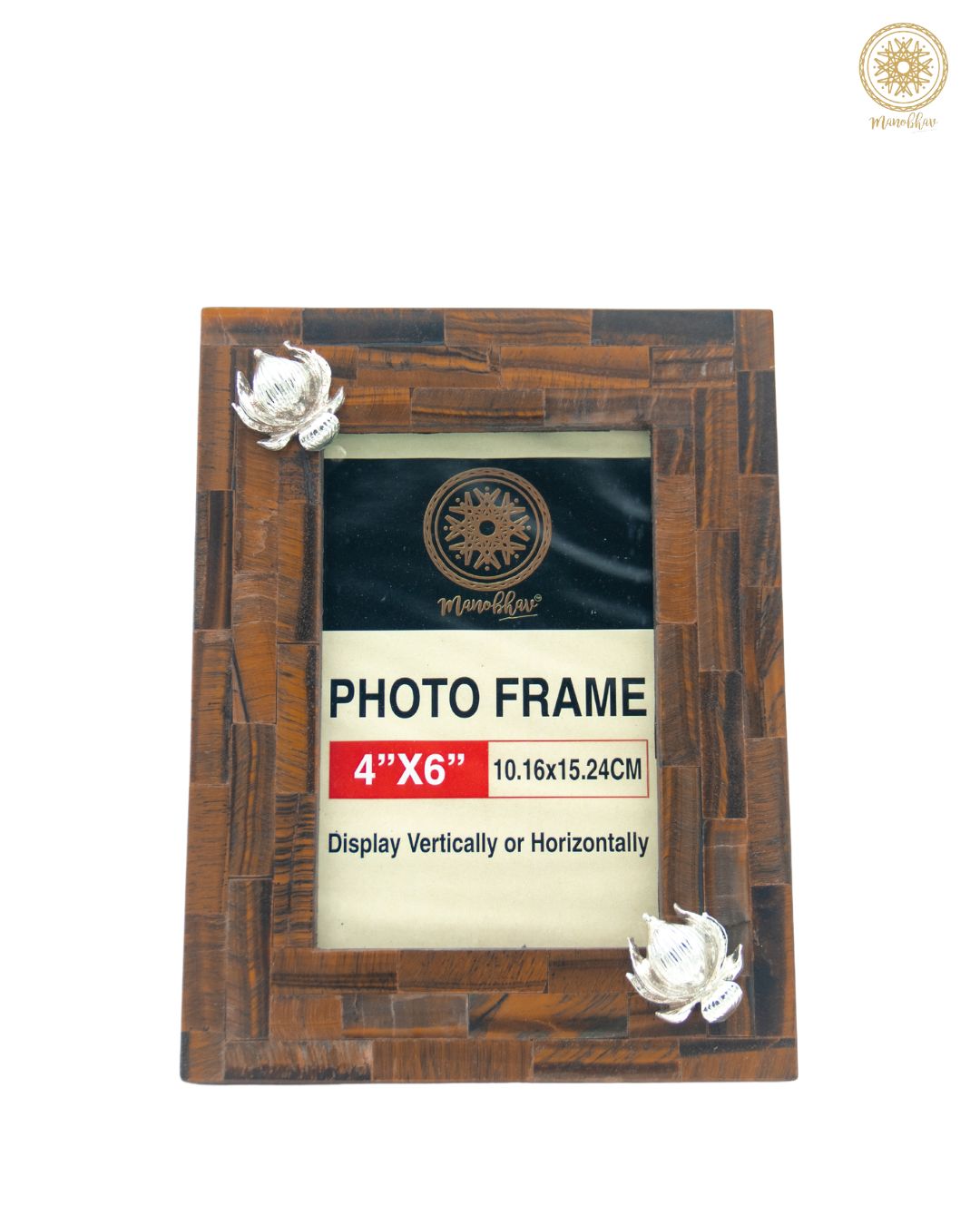 Natural Tiger Eye Photo Frame Stand | Embellished with Silver Lotus