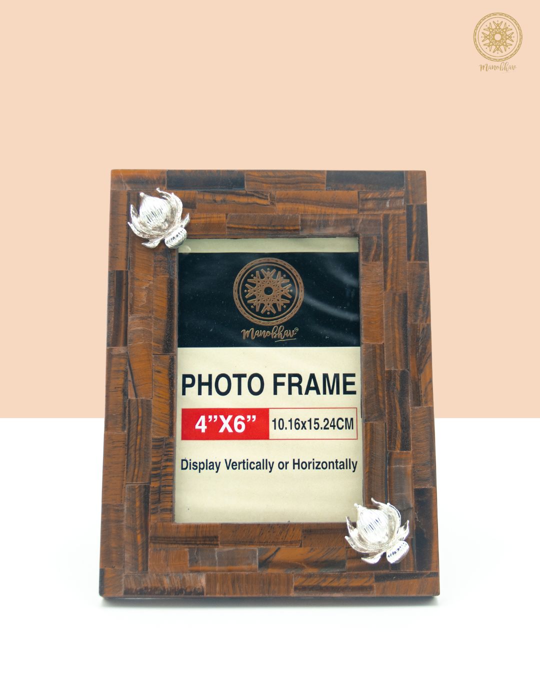 Natural Tiger Eye Photo Frame Stand | Embellished with Silver Lotus