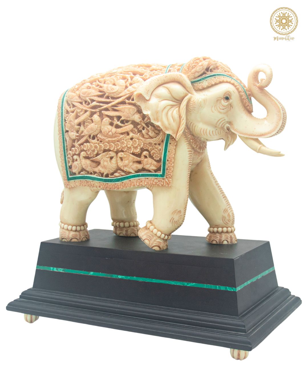 Hand-Carved Resin Elephant Sculpture with Malachite | Showpiece for Home Decor
