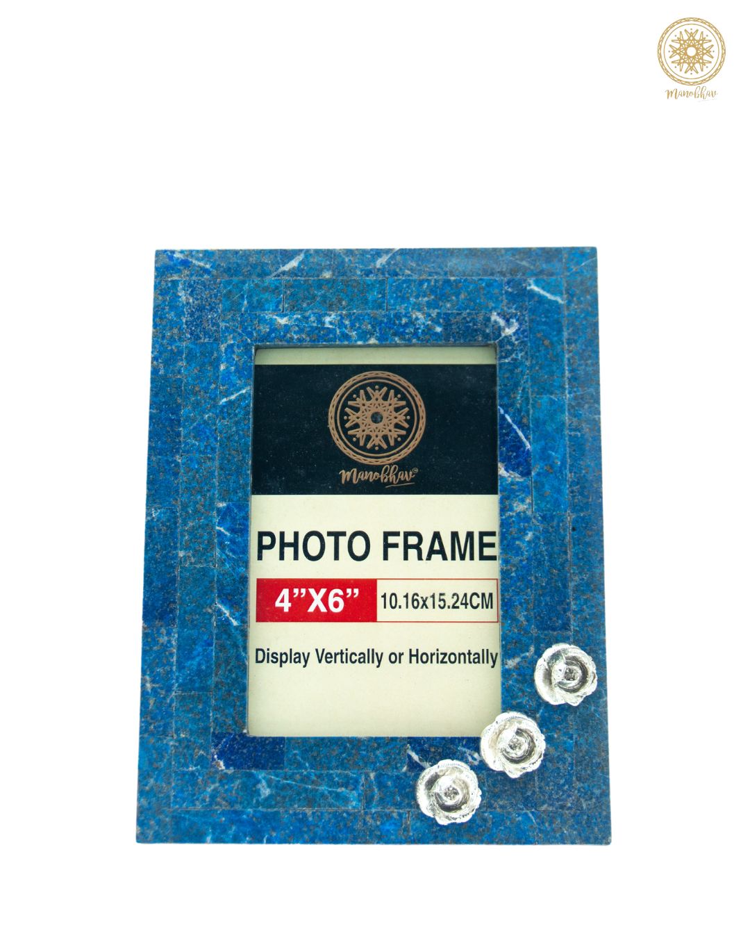 Blue Lapis Lazuli Photo Frame | Embellished With Silver Rose
