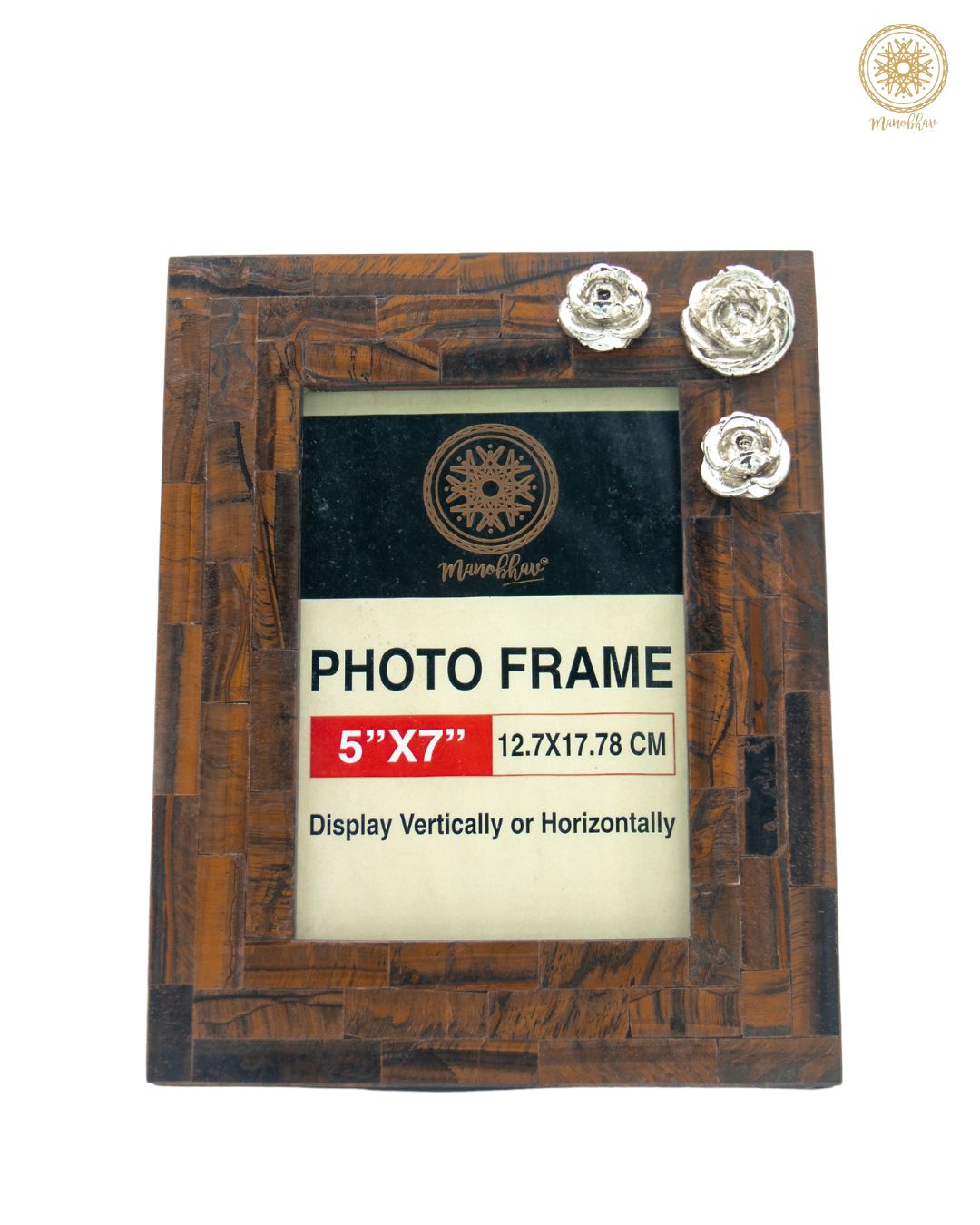 Natural Tiger Eye Photo Frame Stand | Embellished with Silver Rose
