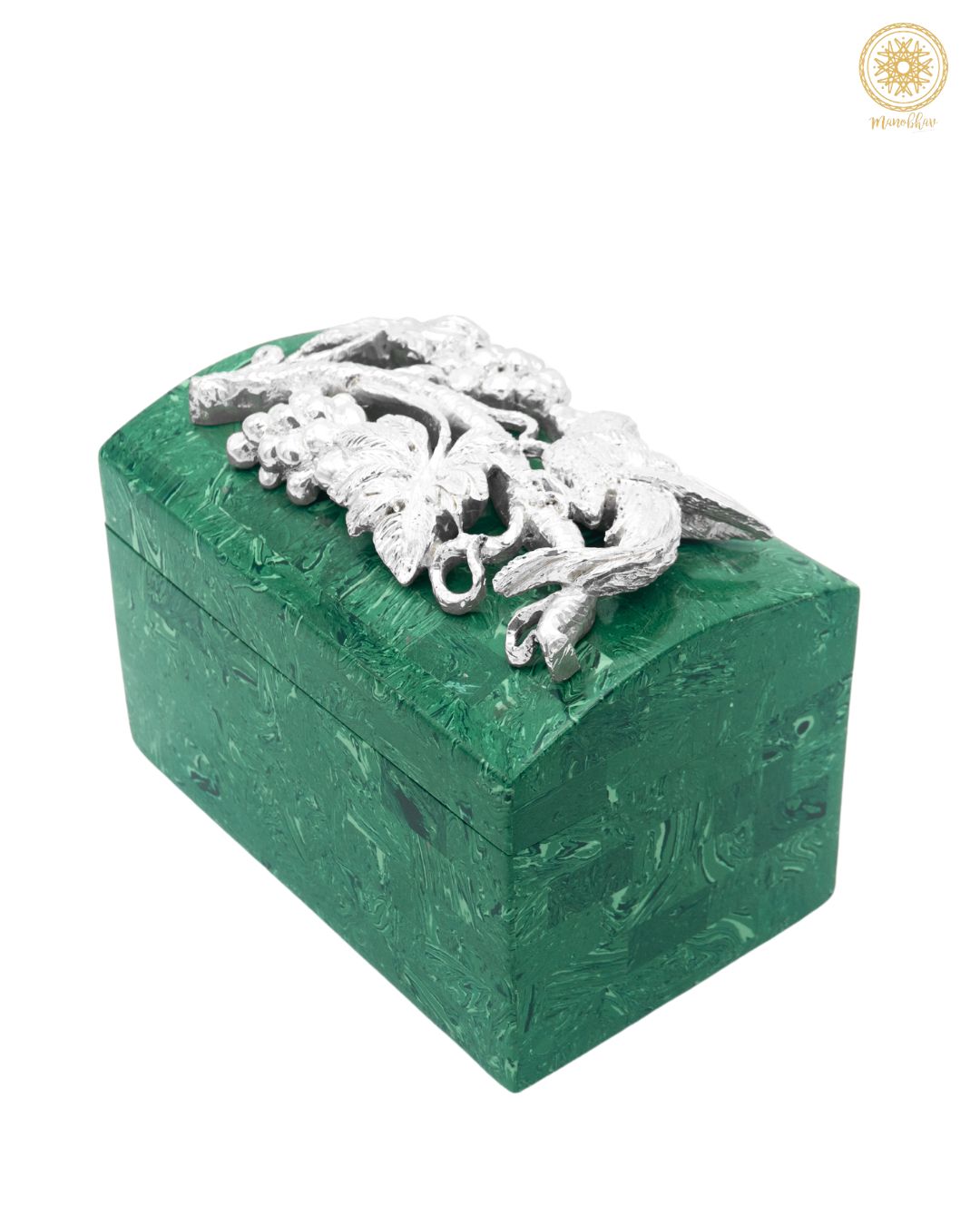 Malachite Jewelry Box Embellished with Silver flower and bird