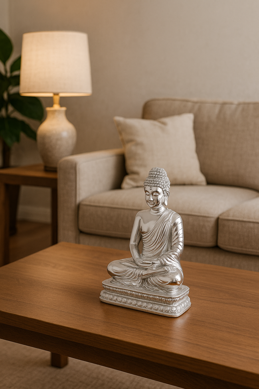 Hand-Carved Buddha Statue | Silver-Plated Resin Sculpture for Home Decor