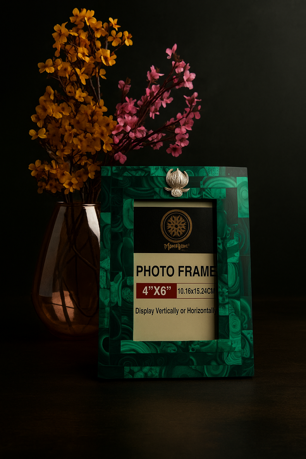 Natural Malachite Photo Frame | Embellished with Silver Lotus