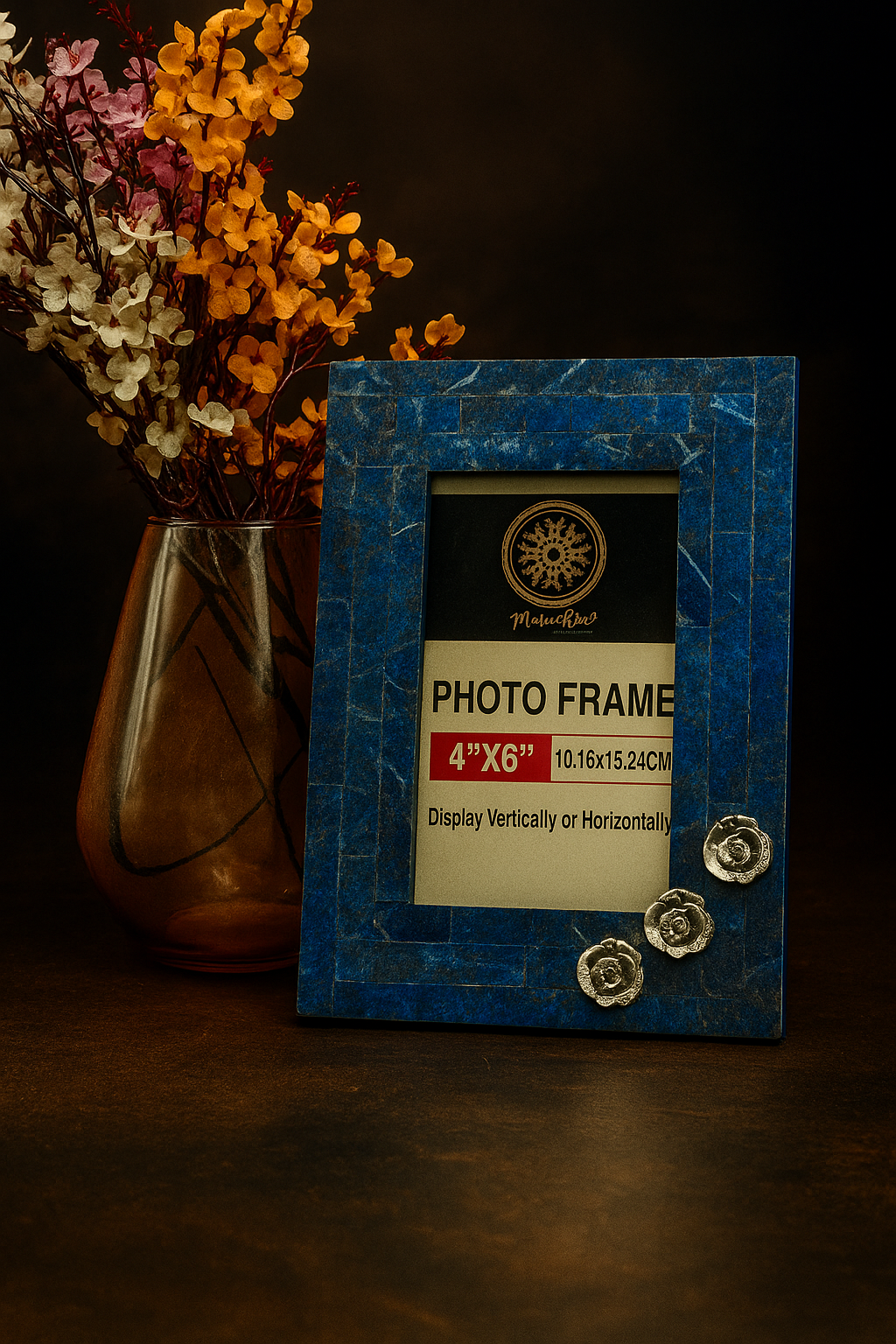 Blue Lapis Lazuli Photo Frame | Embellished With Silver Rose