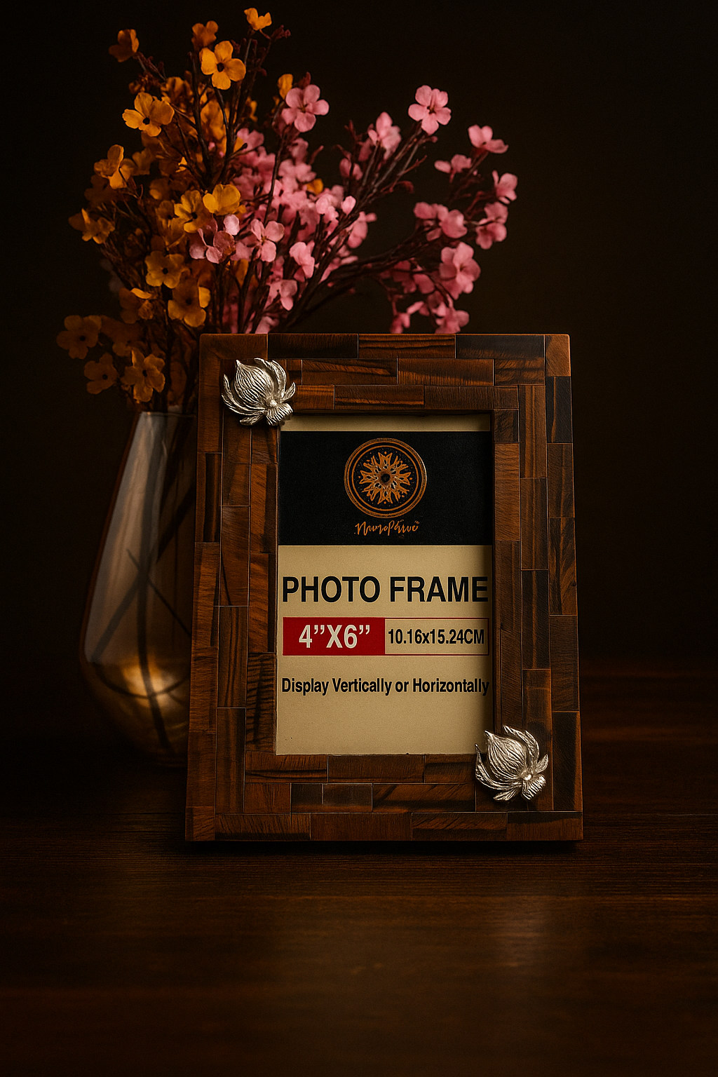 Natural Tiger Eye Photo Frame Stand | Embellished with Silver Lotus
