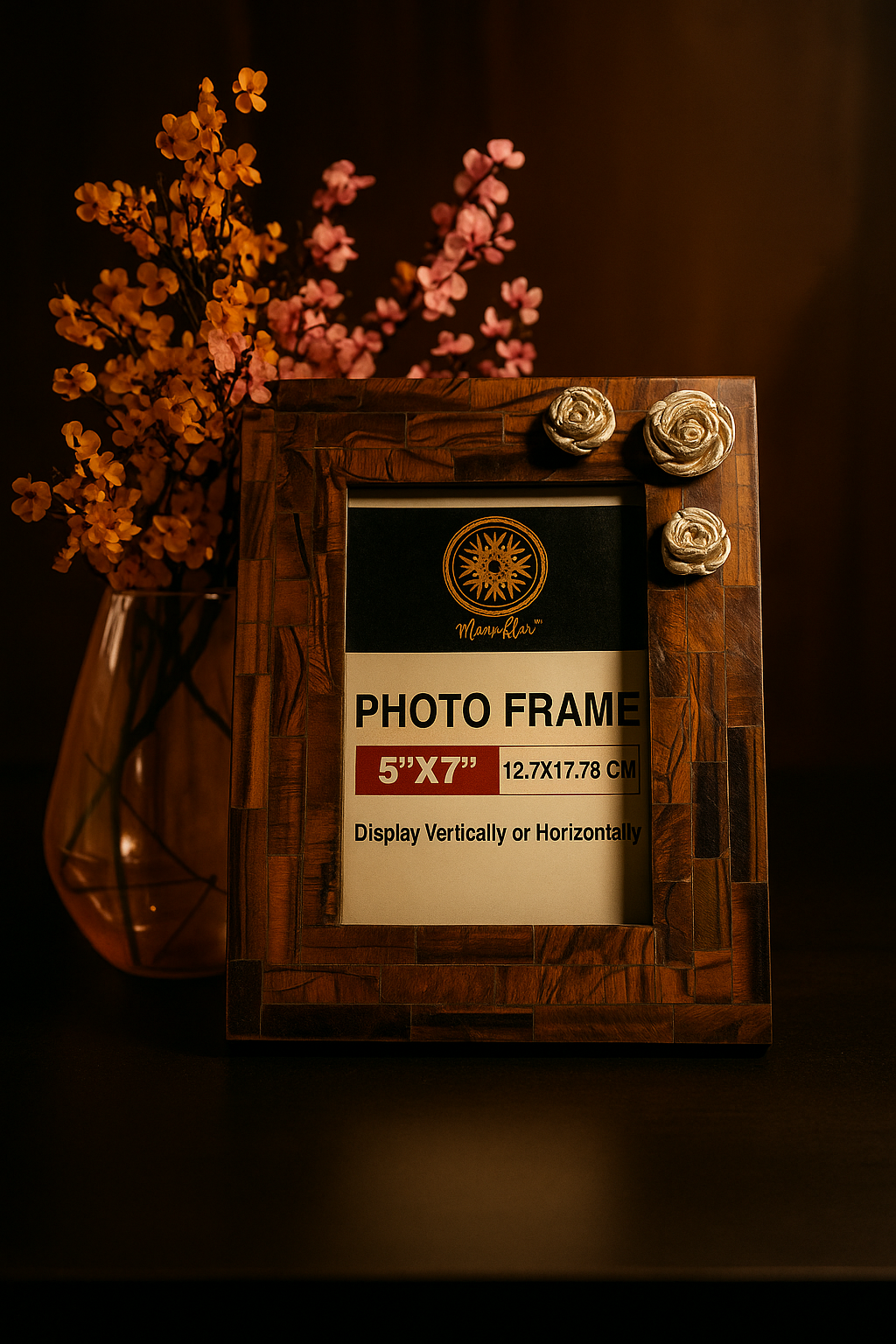 Natural Tiger Eye Photo Frame Stand | Embellished with Silver Rose