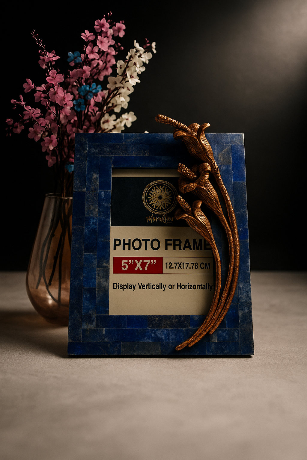 Blue Lapis Lazuli Photo Frame | Embellished With Rose Gold Tulip