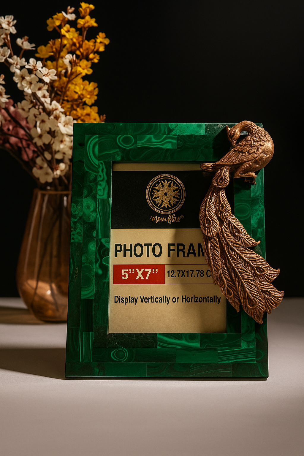 Natural Malachite Photo Frame | Embellished with Rose Gold Peacock