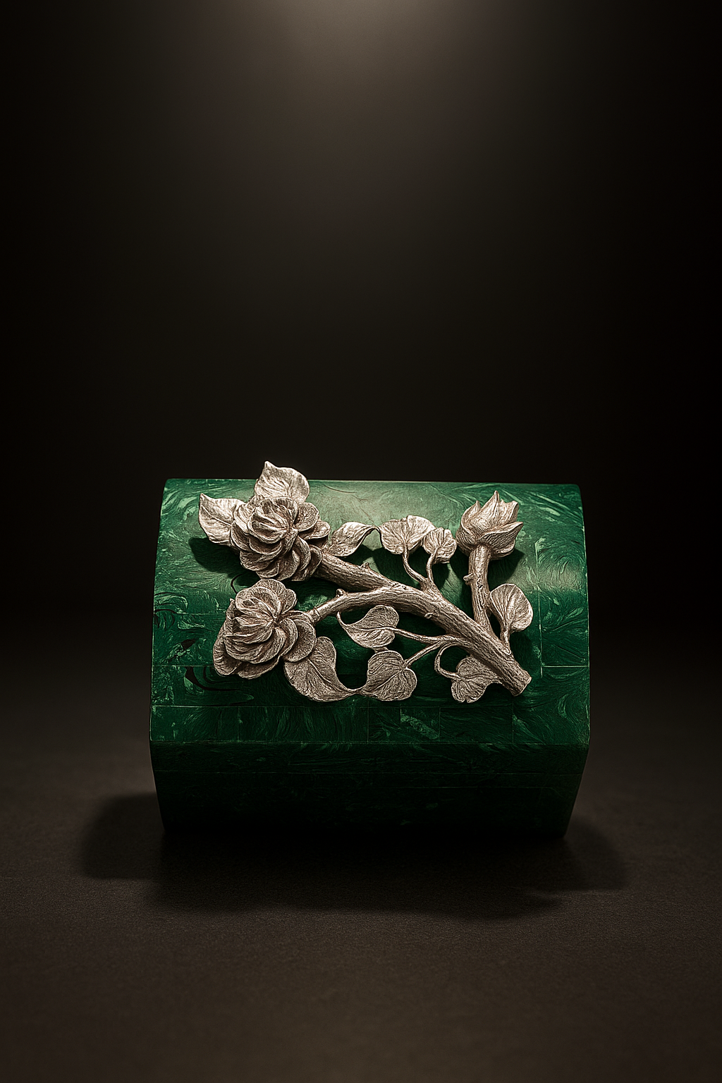 Malachite Jewelry Box Embellished with Silver Rose Motif