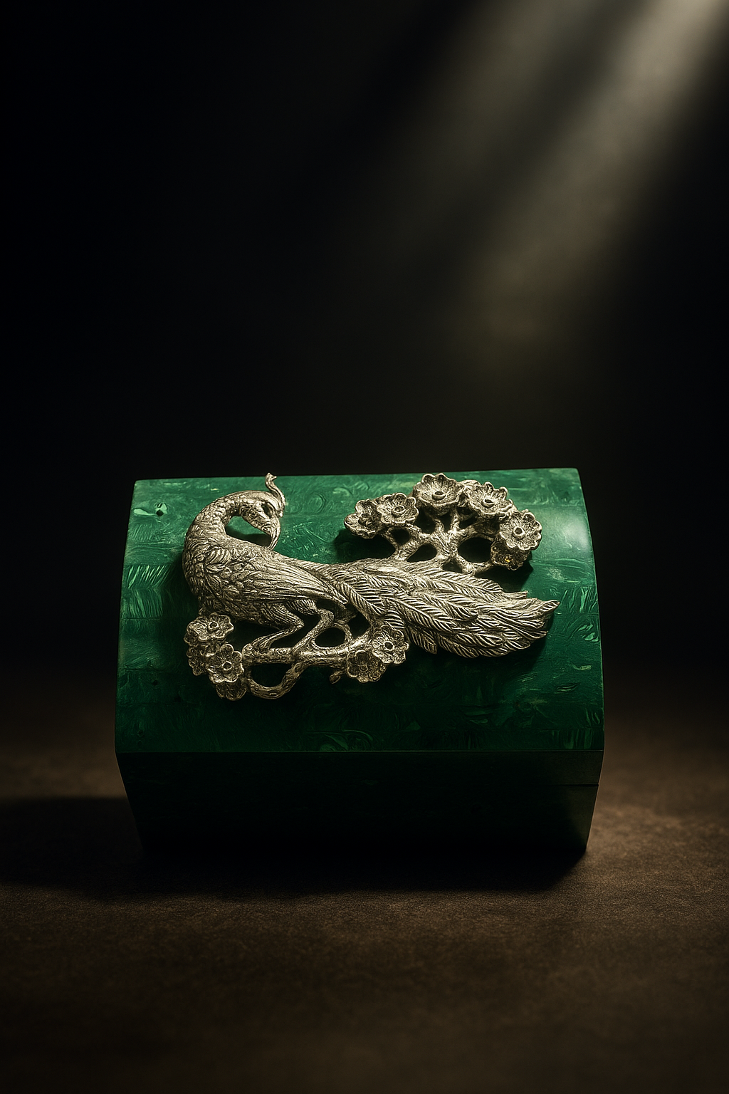 Malachite Jewelry Box Embellished with Silver Peacock