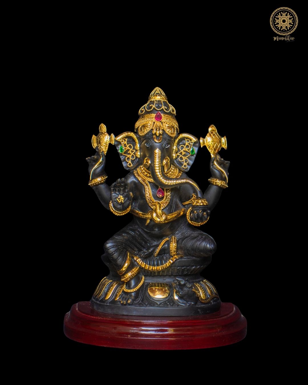 10" Black Lord Ganesha Idol with Gold-Plated Jewelry
