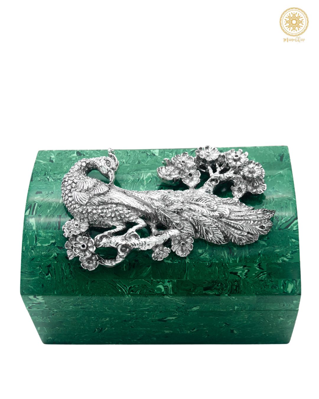 Malachite Jewelry Box Embellished with Silver Peacock