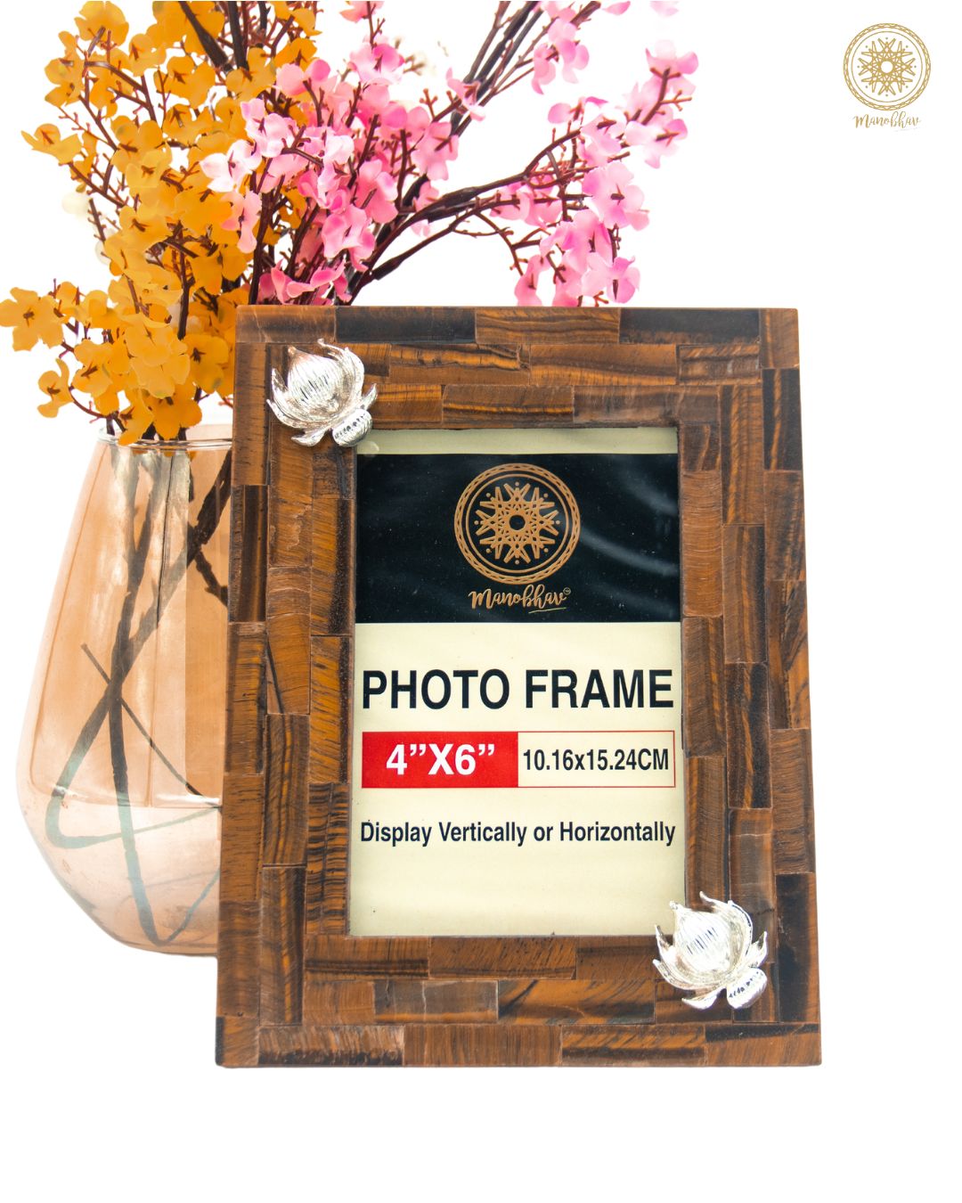 Natural Tiger Eye Photo Frame Stand | Embellished with Silver Lotus