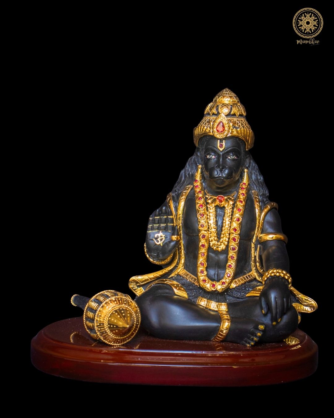 Black Lord Hanuman Idol Giving Blessings with Gold-Plated Jewelry