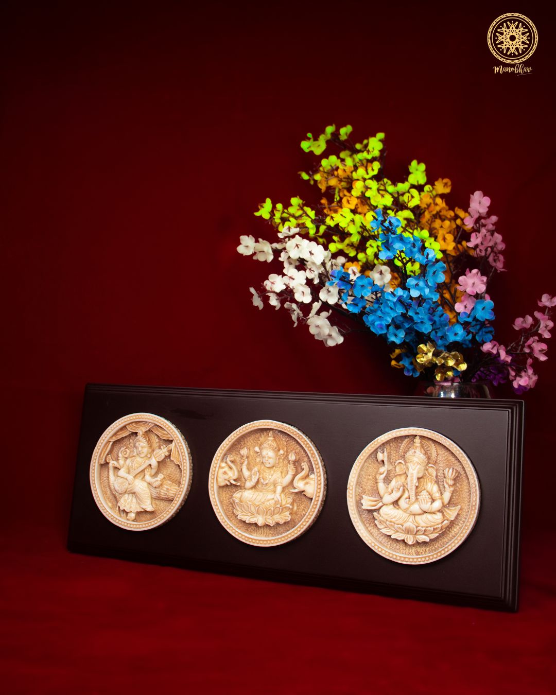 Divine Saraswati Lakshmi Ganesh  Wall Hanging | Wooden & Resin Frame