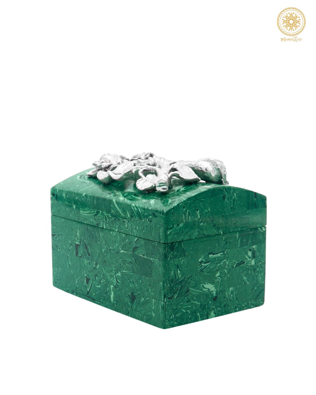 Malachite Jewelry Box Embellished with Silver Rose Motif