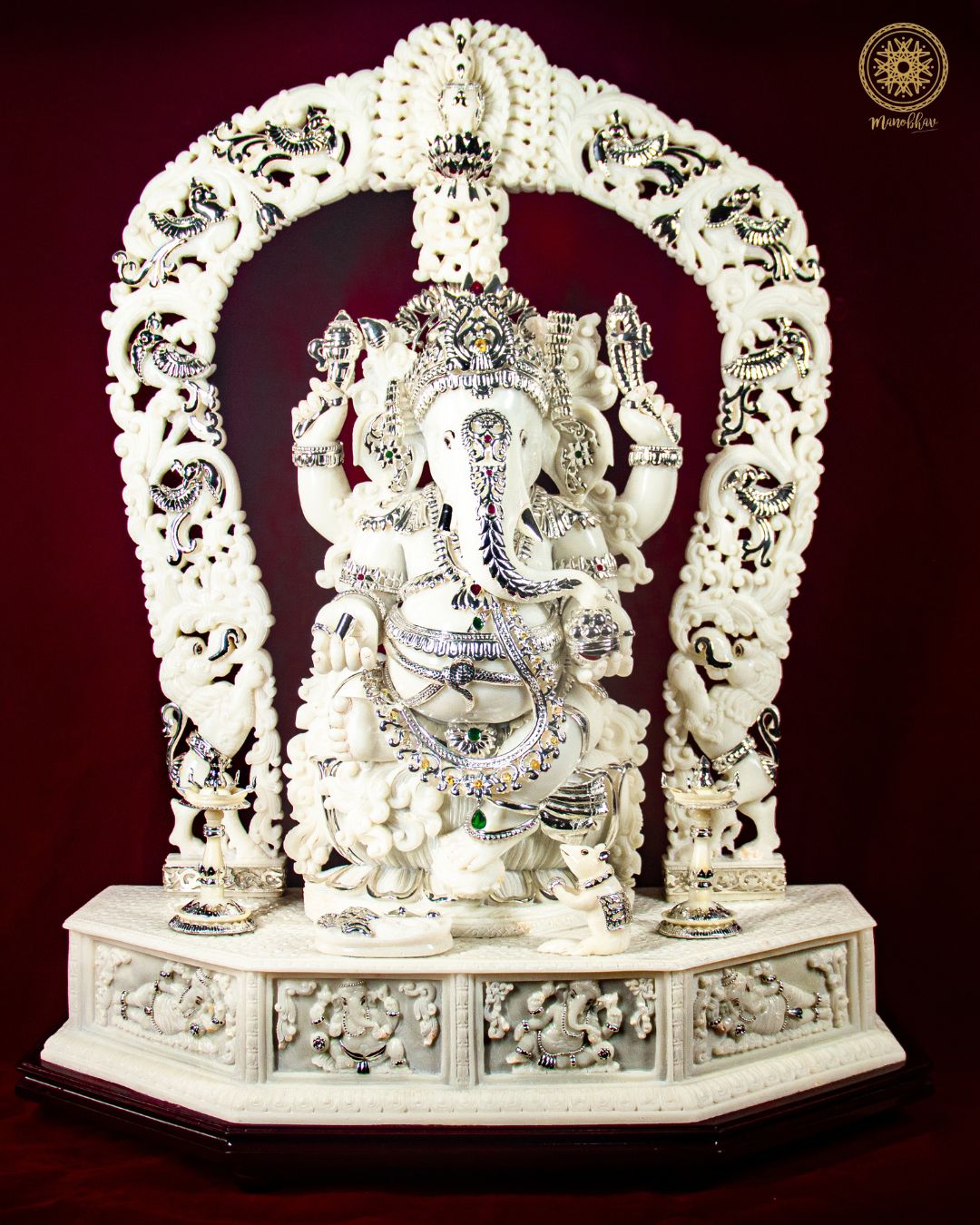 Large Marble Dust Ganesha Idol with silver-plated jewelry for Home & Pooja Rooms