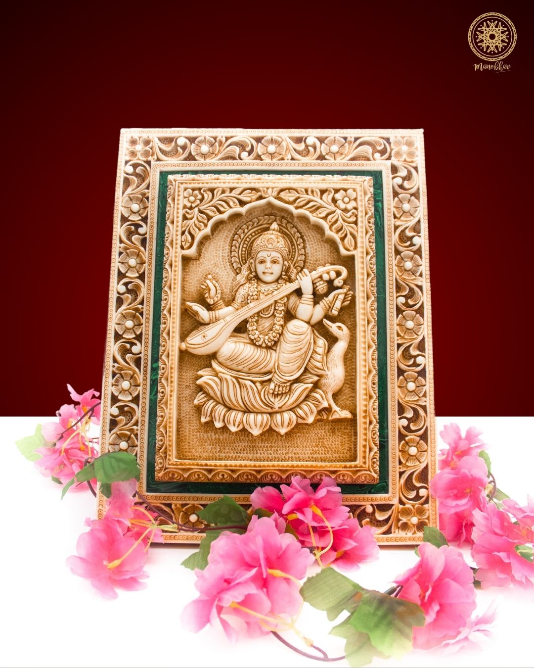 Hand Carved Goddess Sarasvati Wall Hanging Frame | Spiritual Home & Office Decor