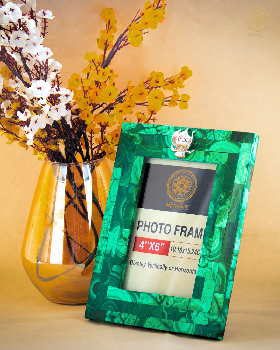 Natural Malachite Photo Frame | Embellished with Silver Lotus