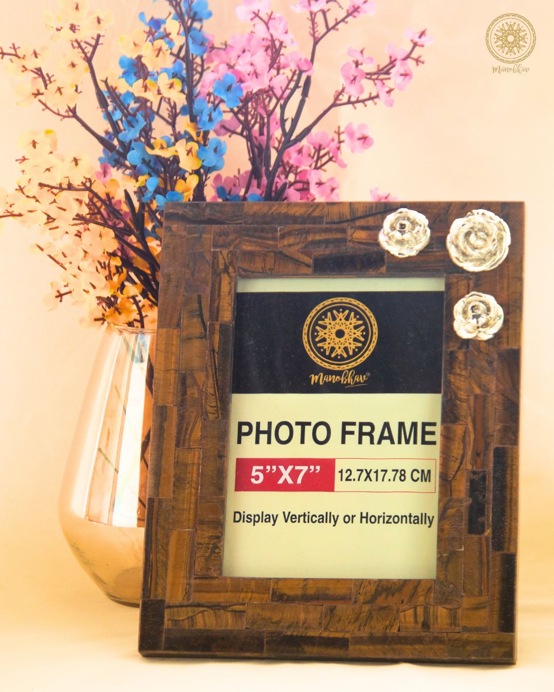 Natural Tiger Eye Photo Frame Stand | Embellished with Silver Rose