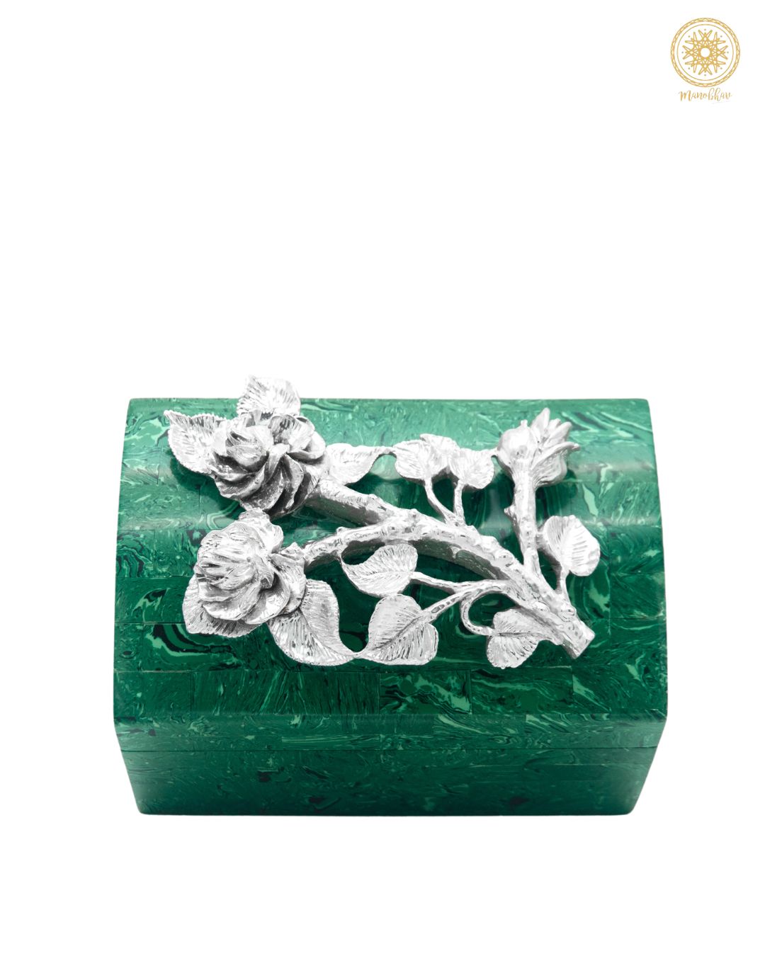 Malachite Jewelry Box Embellished with Silver Rose Motif