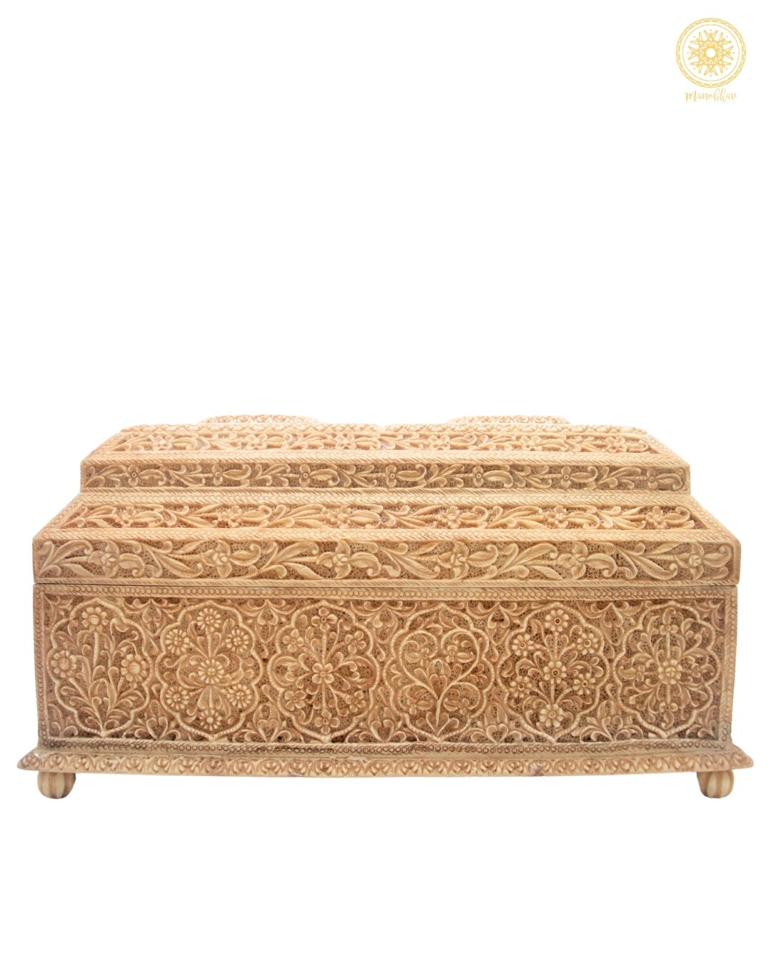 Vintage Hand-Carved Jewelry Storage Chest Box with Malachite Inlay