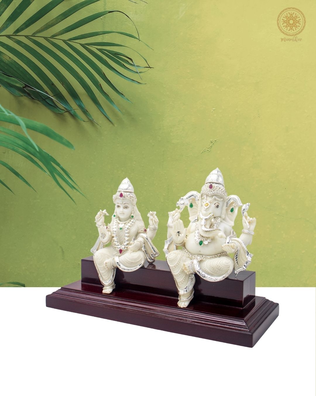 Lakshmi Ganesha Marble Dust Idol Set with Silver-Plated Ornaments