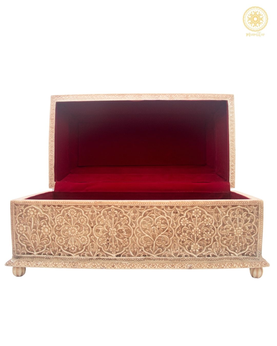 Vintage Hand-Carved Jewelry Storage Chest Box with Malachite Inlay