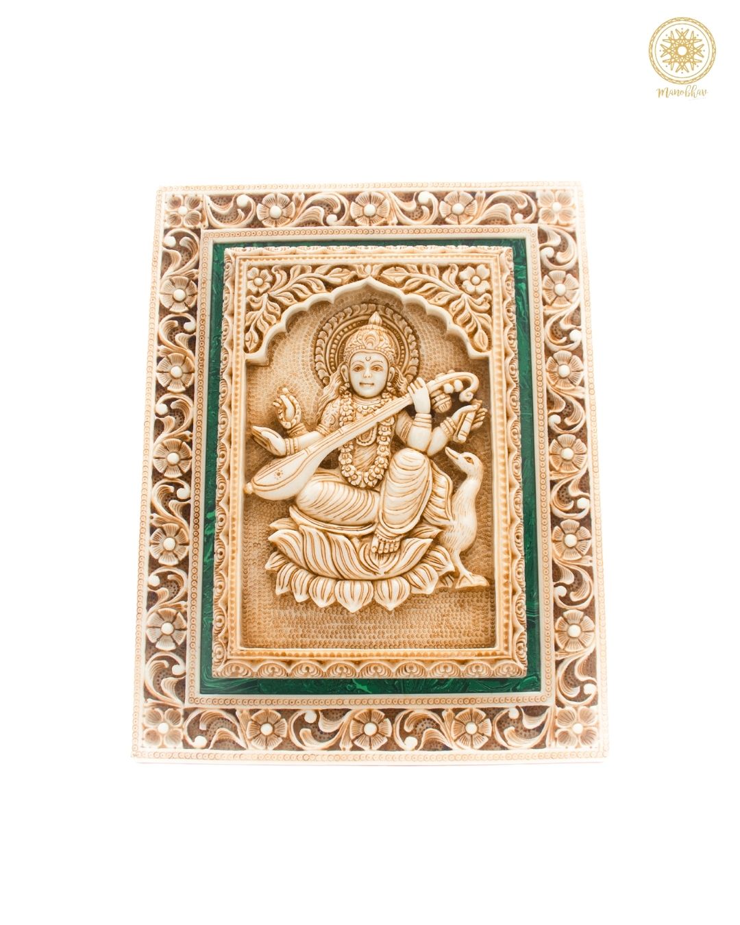 Hand Carved Goddess Sarasvati Wall Hanging Frame | Spiritual Home & Office Decor