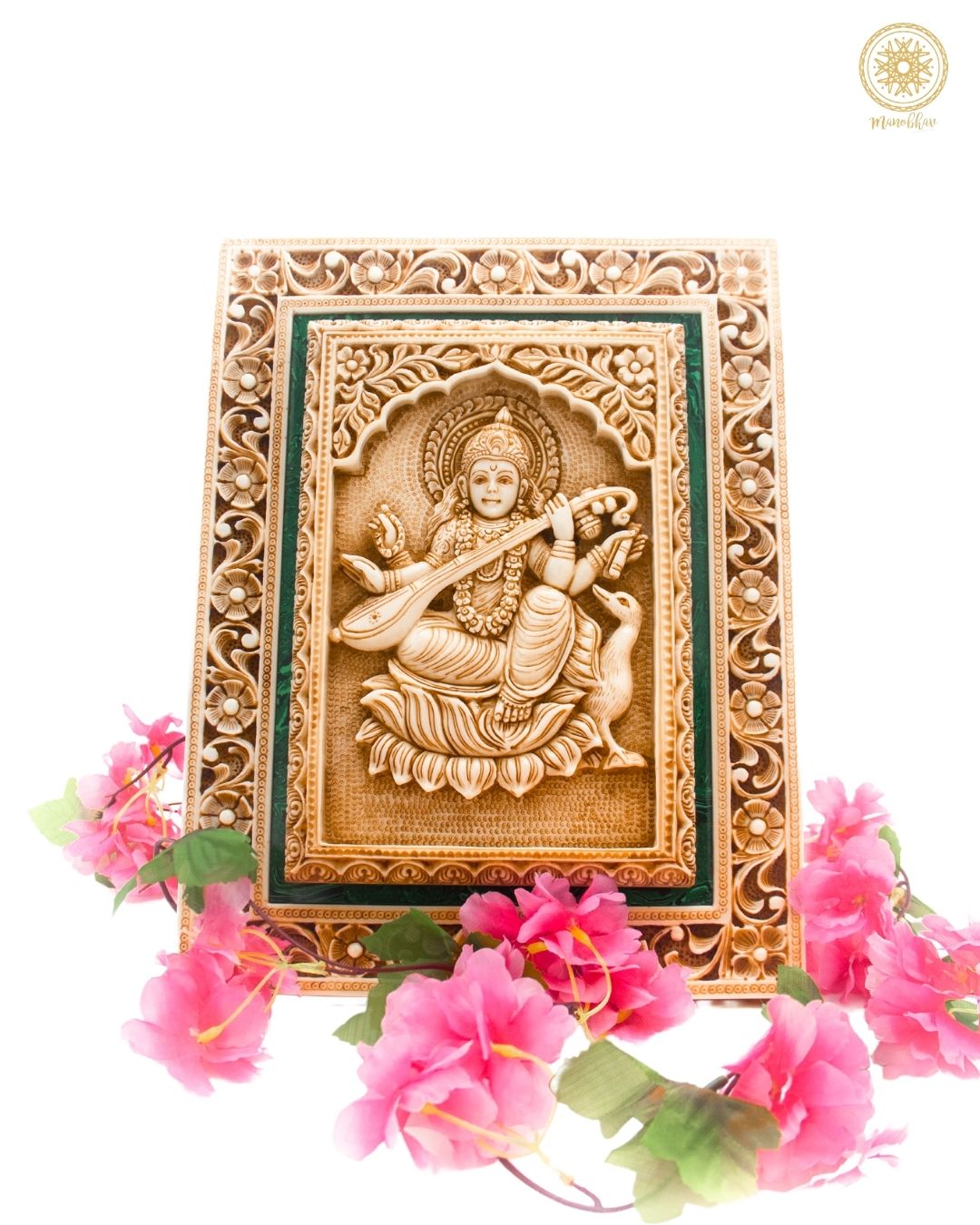 Hand Carved Goddess Sarasvati Wall Hanging Frame | Spiritual Home & Office Decor