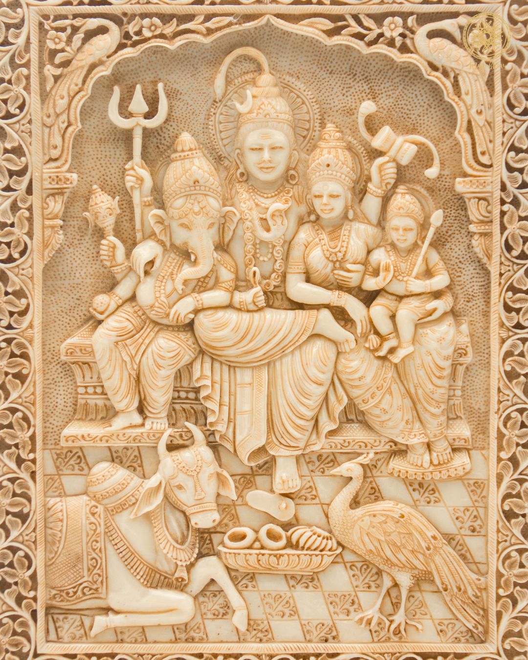 Hand-Craved Shiva, Parvati, Kartikeya, Ganesha, Wall Hanging | Hindu God Sculpture | Decorative Wall Panel