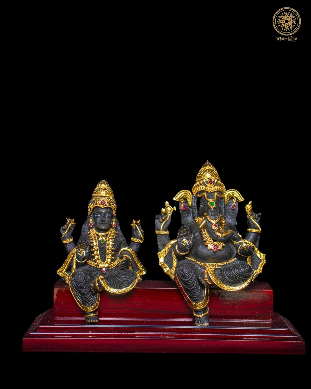 Black Lakshmi Ganesha Idol Set with Rose Gold Plated Jewellery