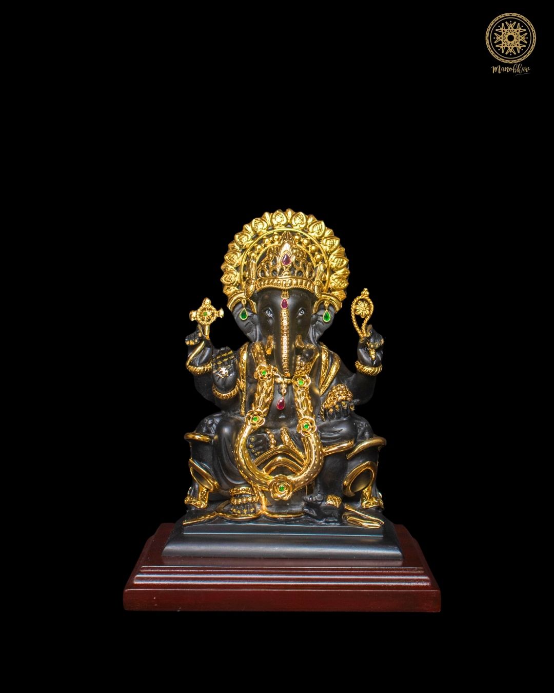 Black Lord Ganesha Idol with Beautiful Mukut and Rose Gold Jewellery