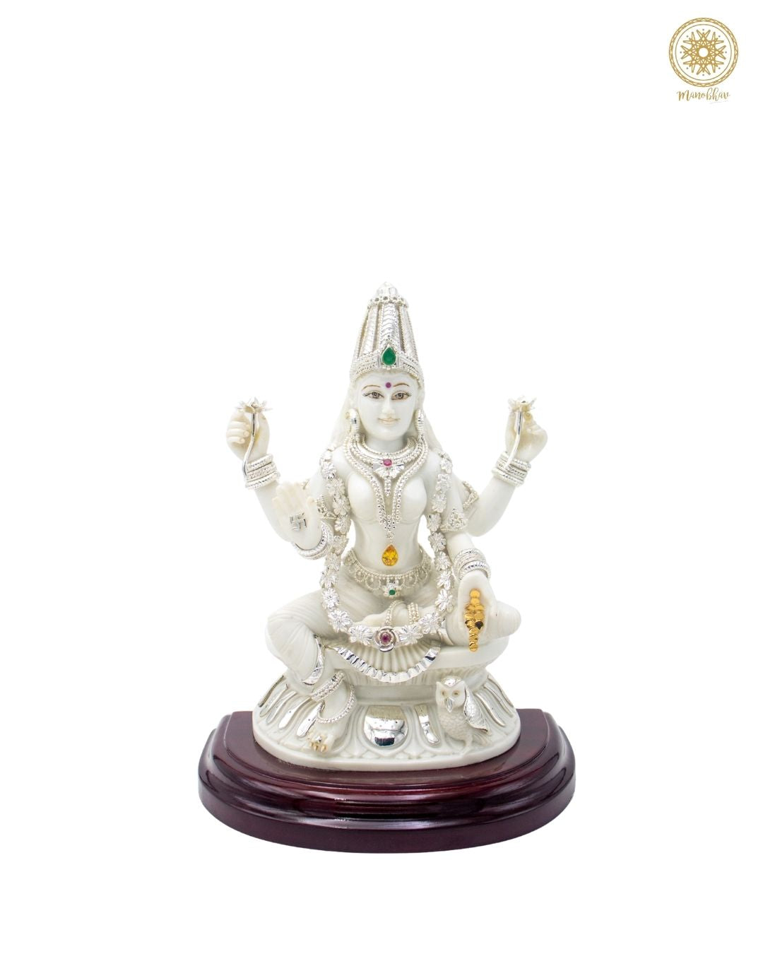 Handcrafted Marble Dust Goddess Lakshmi Idol with Silver-Plated Jewelry
