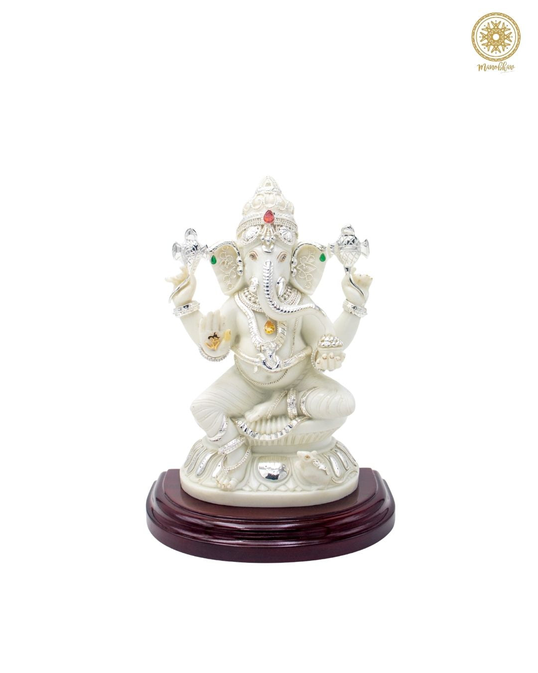 Handcrafted Marble Dust Lord Ganesha Idol with Silver-Plated Jewelry