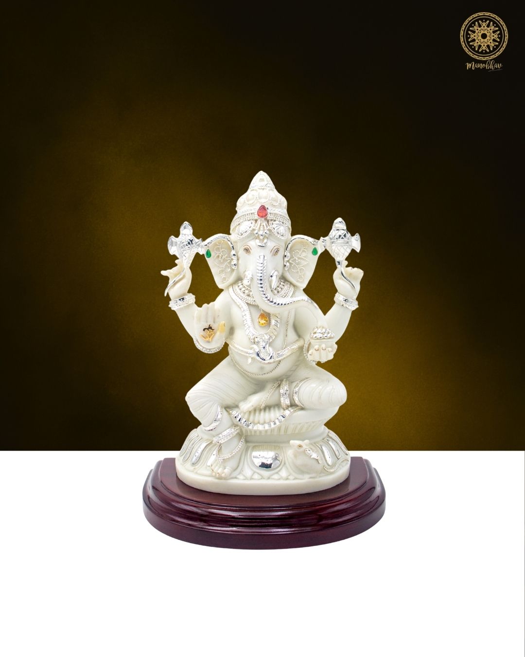 Handcrafted Marble Dust Lord Ganesha Idol with Silver-Plated Jewelry