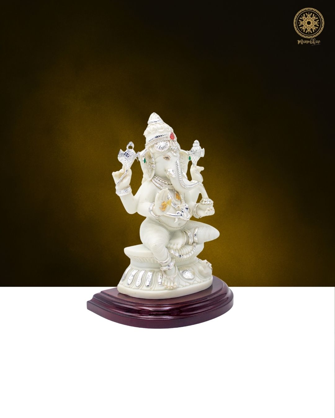 Handcrafted Marble Dust Lord Ganesha Idol with Silver-Plated Jewelry