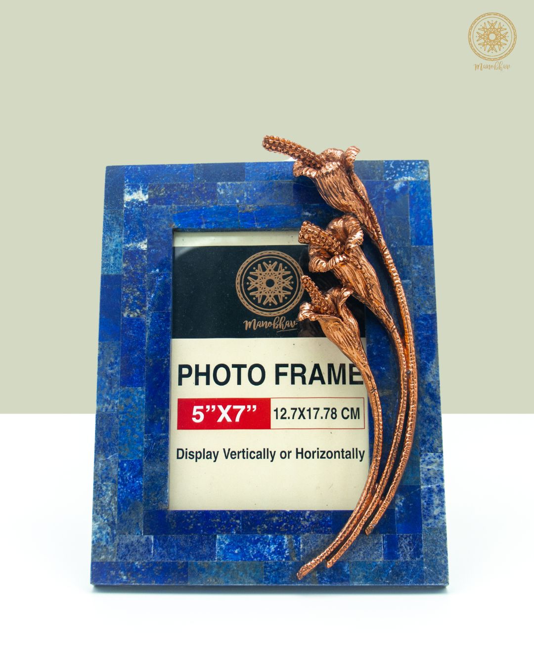 Blue Lapis Lazuli Photo Frame | Embellished With Rose Gold Tulip