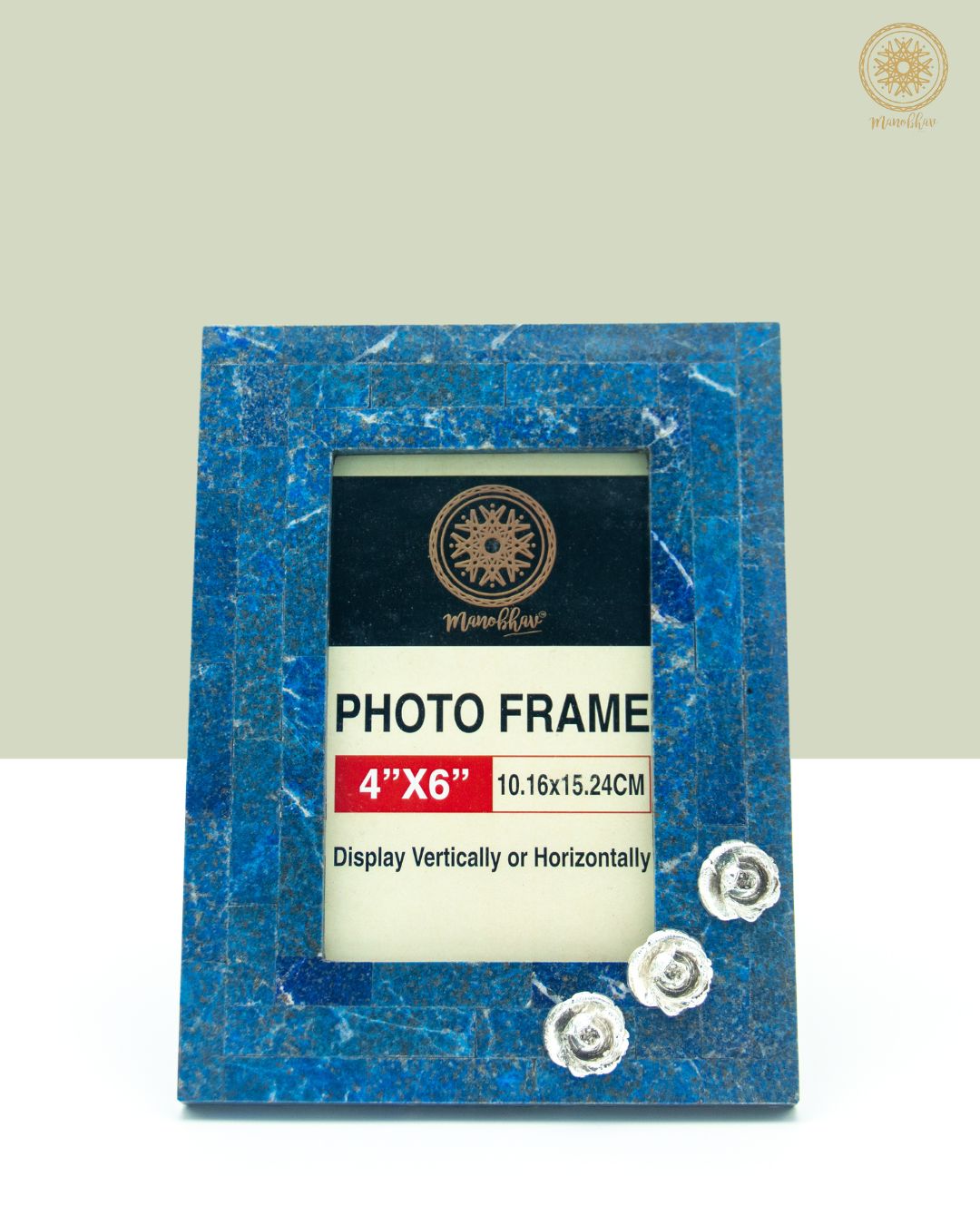 Blue Lapis Lazuli Photo Frame | Embellished With Silver Rose