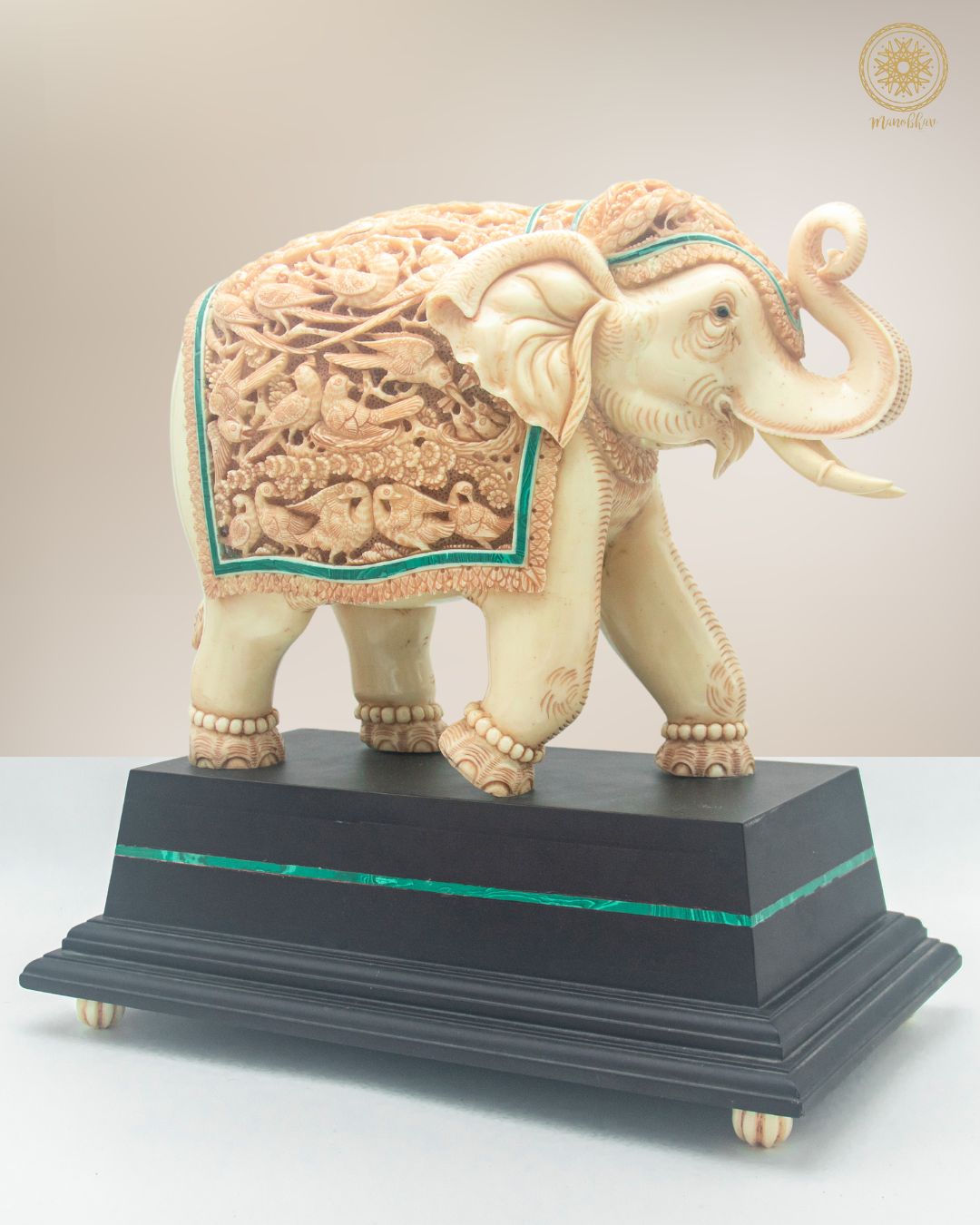 Hand-Carved Resin Elephant Sculpture with Malachite | Showpiece for Home Decor