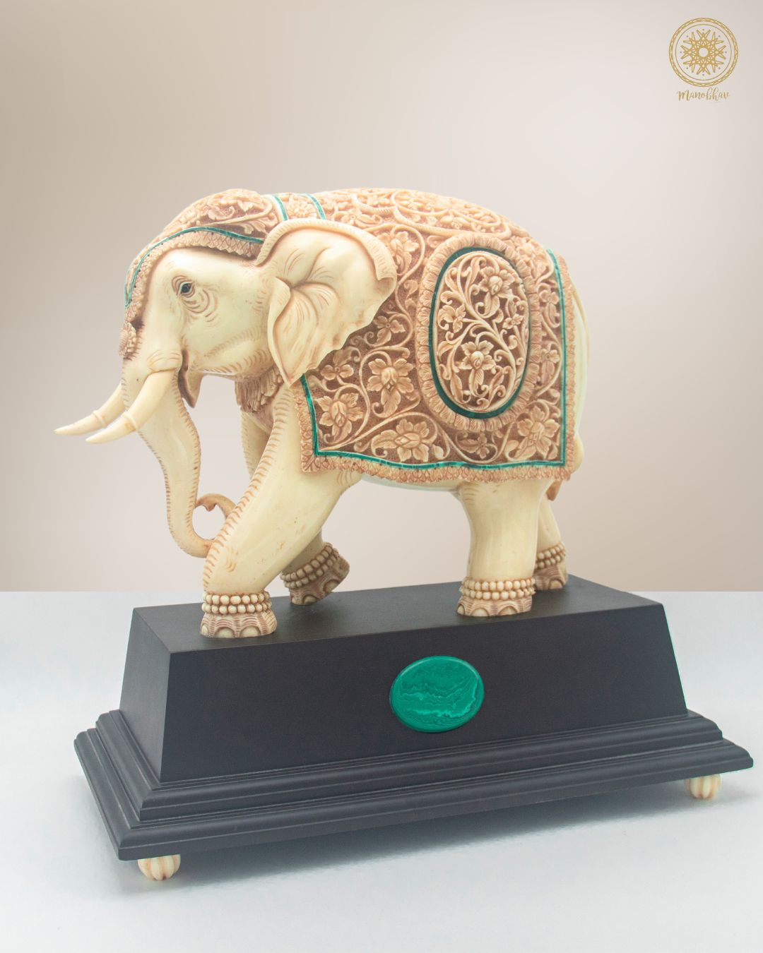 Hand-Carved Resin Elephant Statue with Malachite | Unique Tabletop Decorative Showpiece