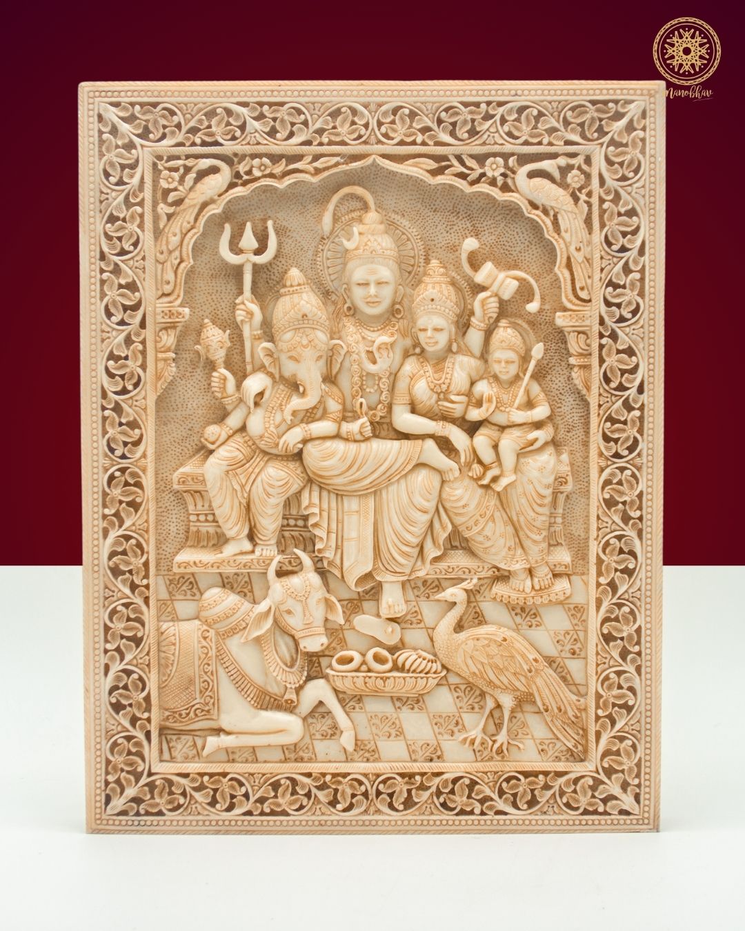 Hand-Craved Shiva, Parvati, Kartikeya, Ganesha, Wall Hanging | Hindu God Sculpture | Decorative Wall Panel
