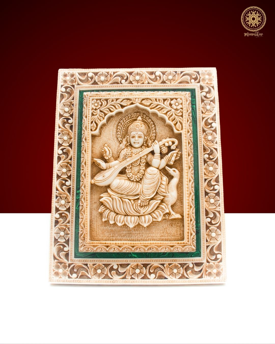 Hand Carved Goddess Sarasvati Wall Hanging Frame | Spiritual Home & Office Decor