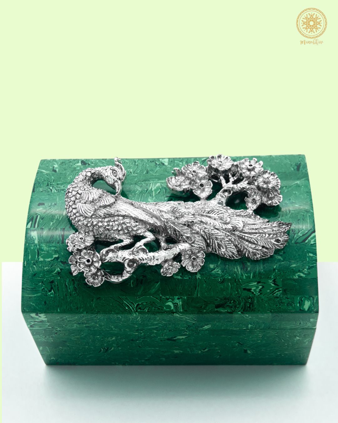 Malachite Jewelry Box Embellished with Silver Peacock